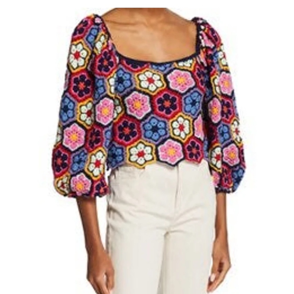 Farm Rio Crocheted Crop Top with Balloon Sleeves